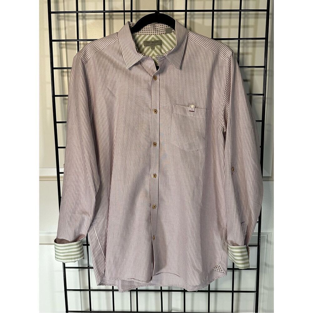 Ted Baker Long‎ Sleeve Purple Stripe Flip Cuff Casual Men’s Shirt Size 4 Large